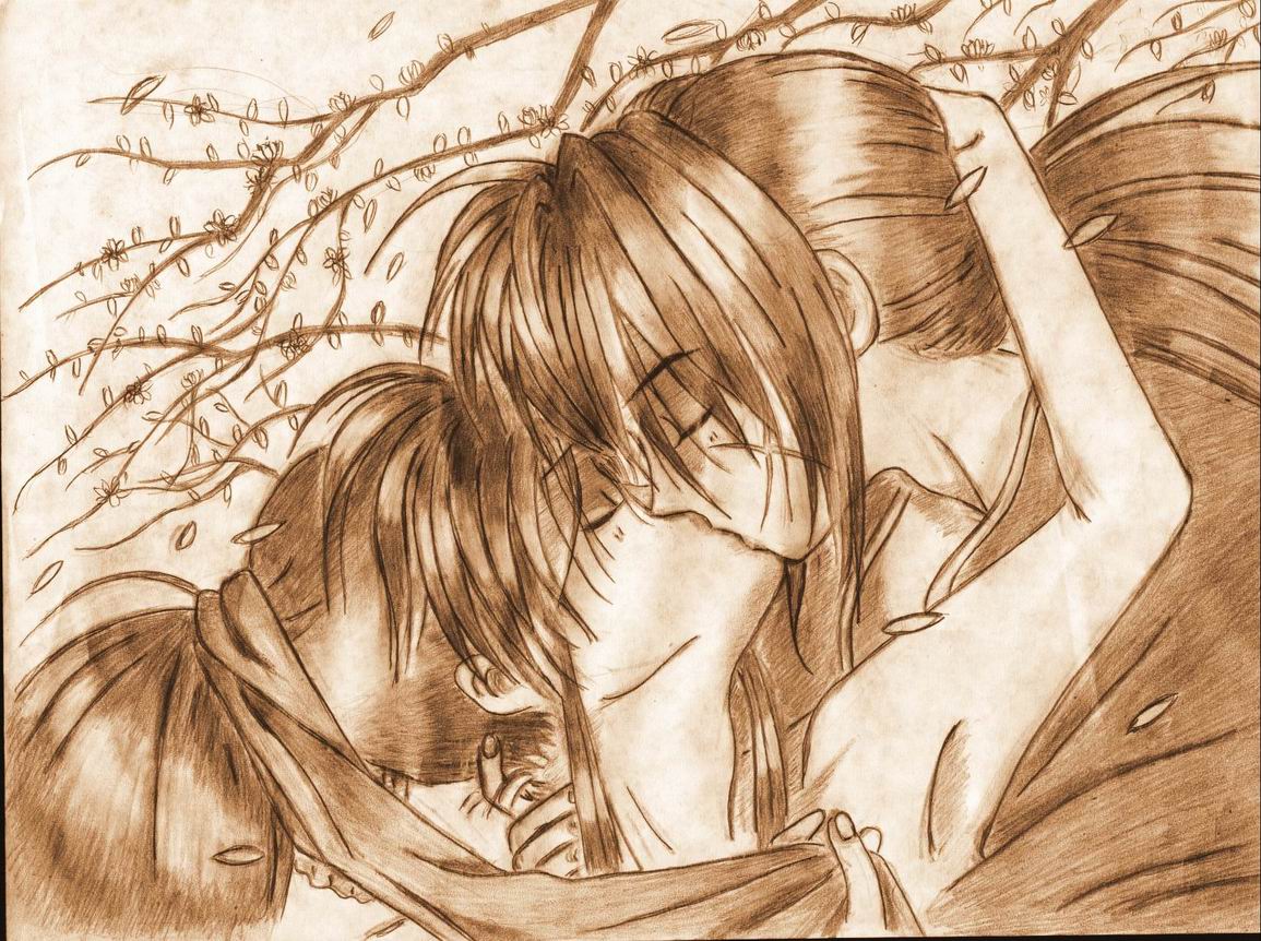 Bakgrunnsbilder til skrivebordet Rurouni Kenshin kysser Anime Kyss kysset
