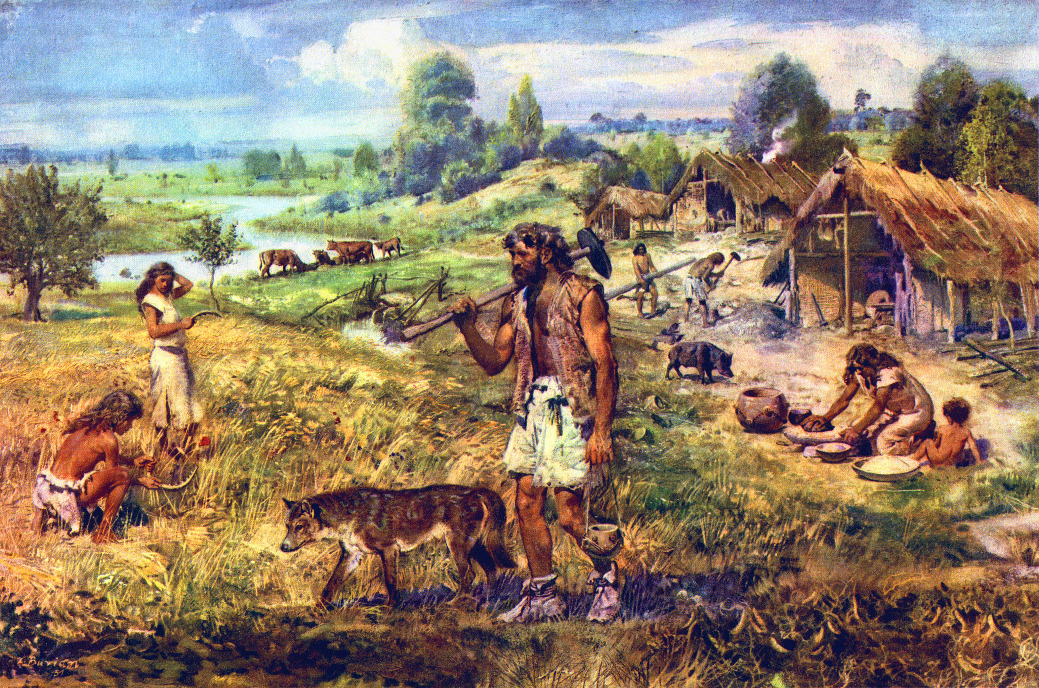 Afbeeldingen Zdenek Burian A neolithic settlement schilderij 3612x2394 Schilderkunst