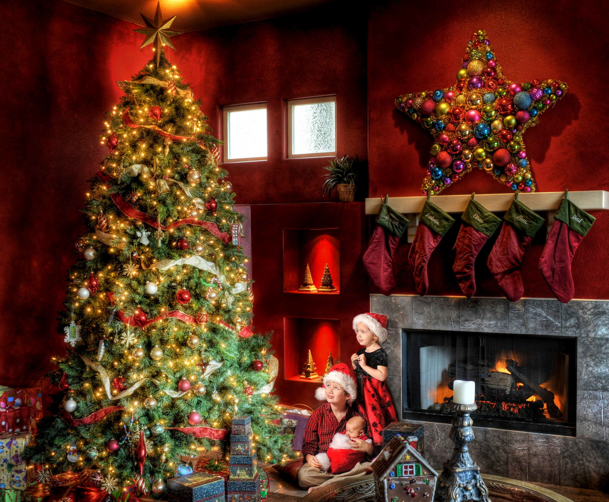 2000x1650，假日，新年，圣诞树，保暖帽，男孩，小女孩，，