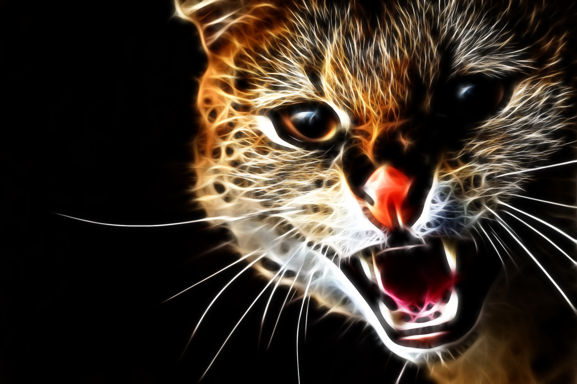 Фото коты Глаза Нос 3D Графика Зубы Оскал Морда смотрят Животные кот Кошки кошка носа 3д злой рычит злость морды Взгляд смотрит животное