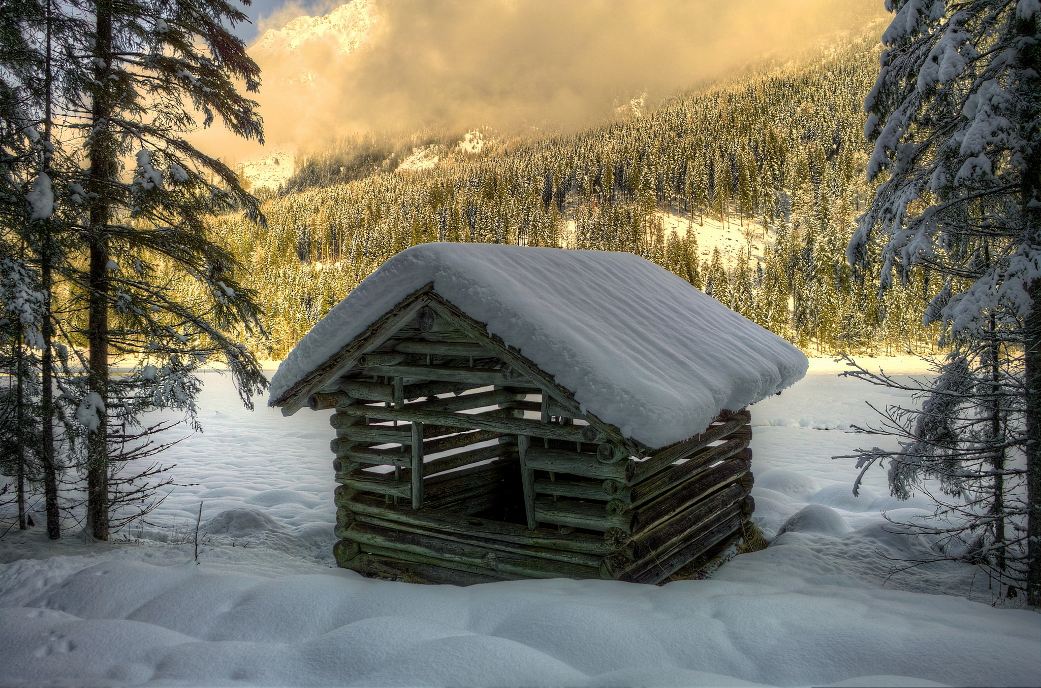 Bakgrunnsbilder til skrivebordet Østerrike Alps HDR Natur Vinter Snø Skoger En årstid 2049x1356 skog