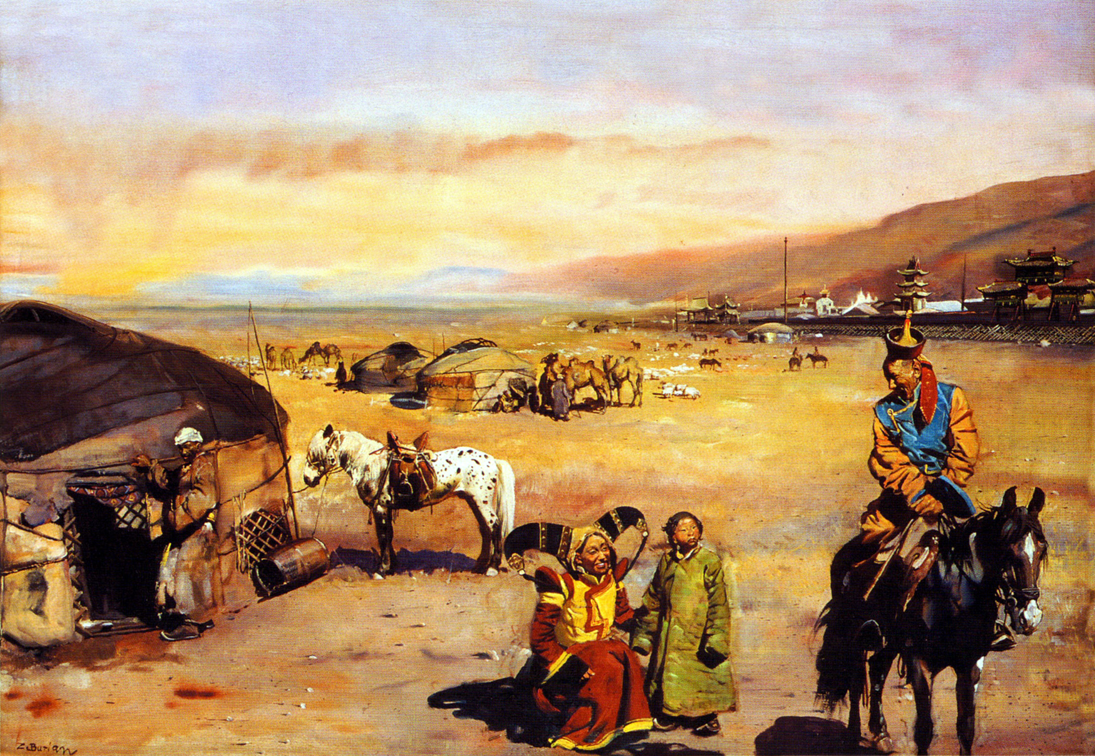 Bilder på skrivbordet Zdenek Burian On the mongolian steppe Målarkonst