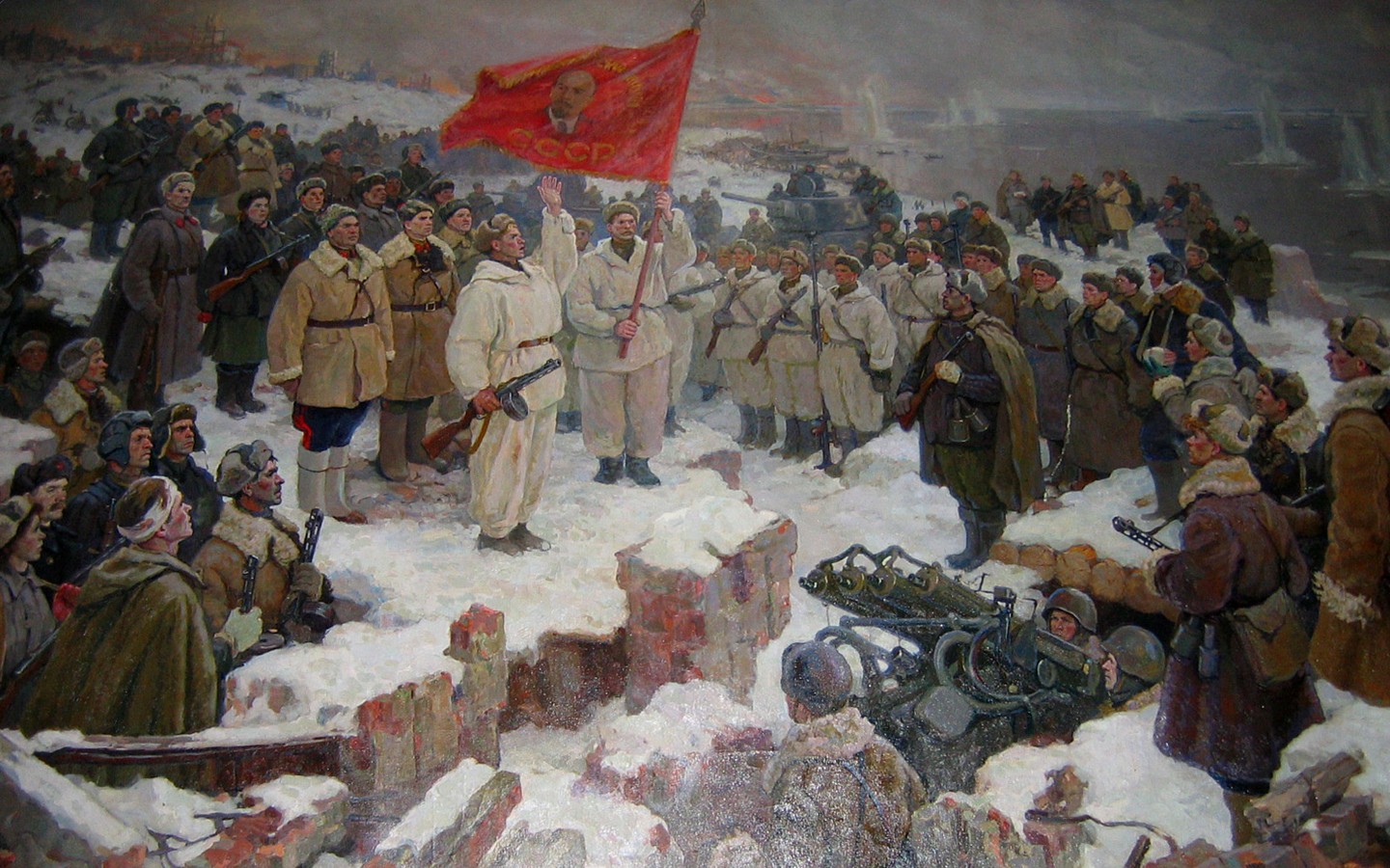 Фотография Солдаты солдаты с флагом Ленина Рисованные Армия солдат военные
