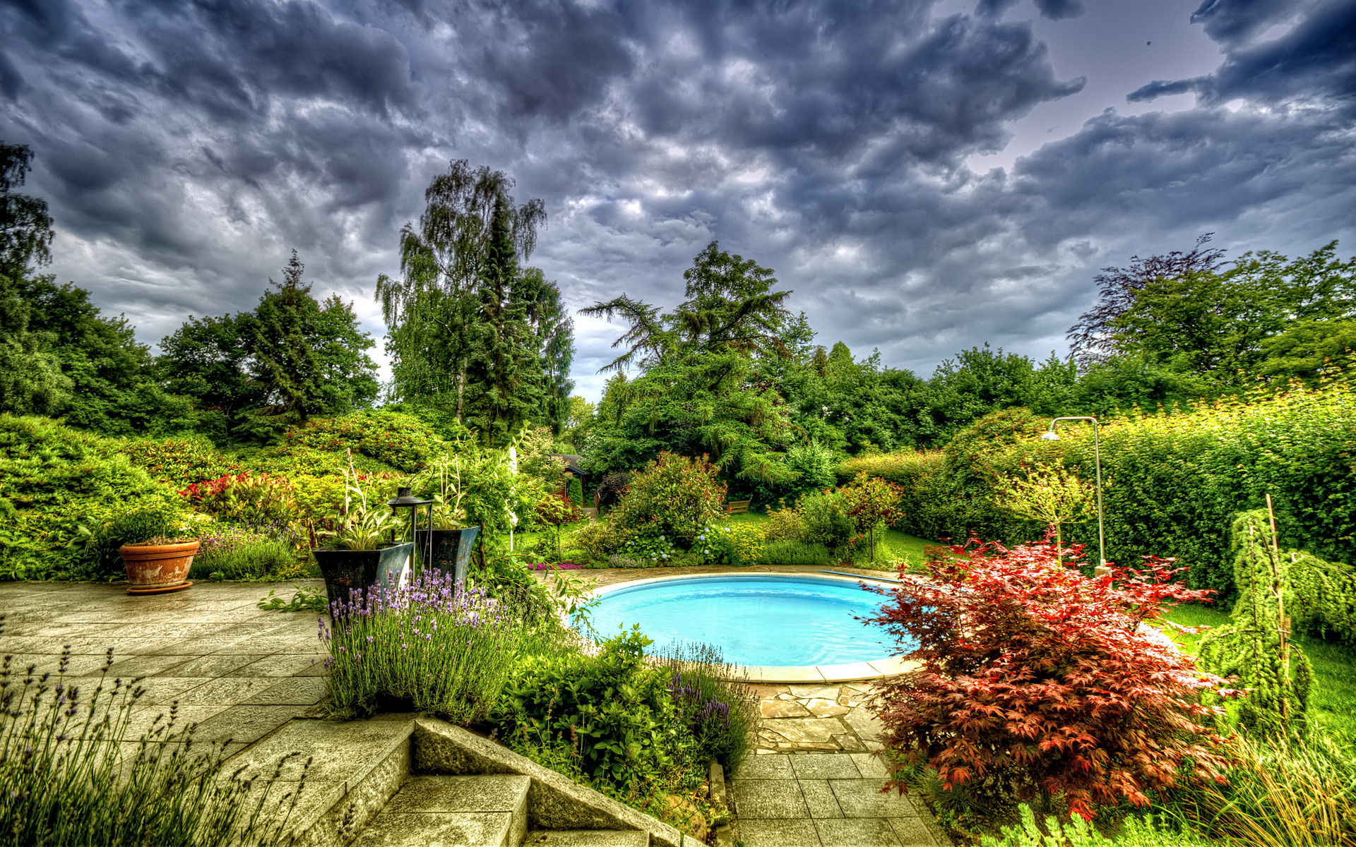 Picture Pools HDR Nature Sky Gardens Clouds 1920x1200