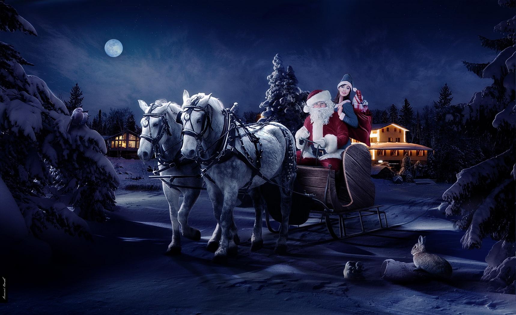Desktop Hintergrundbilder Neujahr Schlitten Weihnachtsmann Feiertage