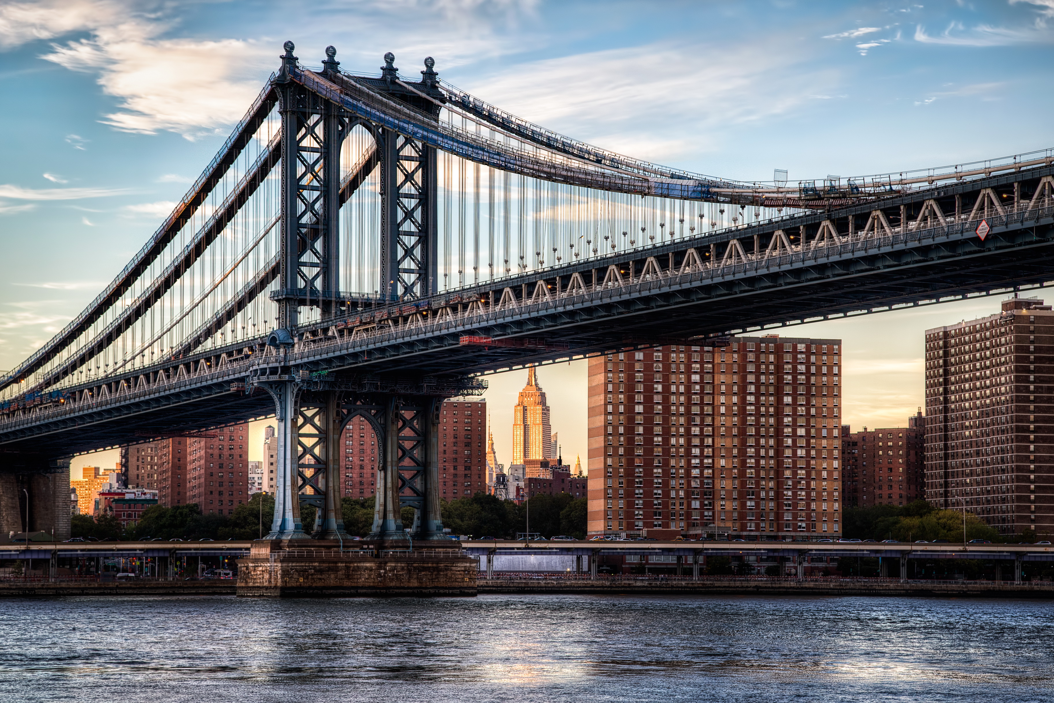 Skrivebordsbakgrunn New York Manhattan HDR en bro Himmel Elver Elv en by 3648x2435 Broer himmelen Byer byen