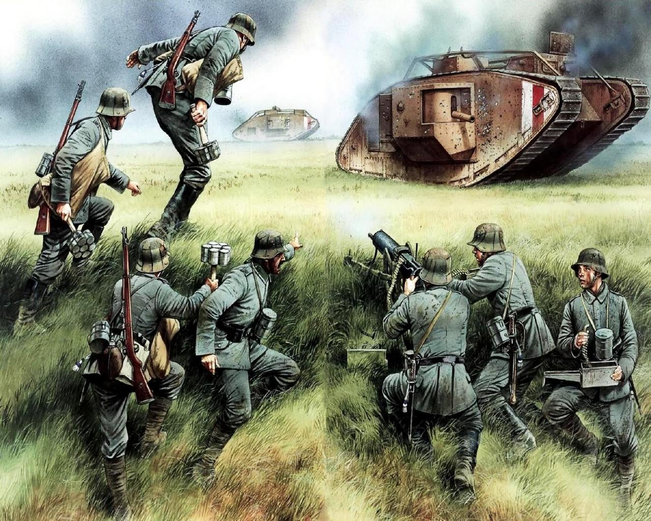 Achtergronden bureaublad Tanks Soldaten Amiens 1918 German tank buster getekende Militair soldaat Geschilderde