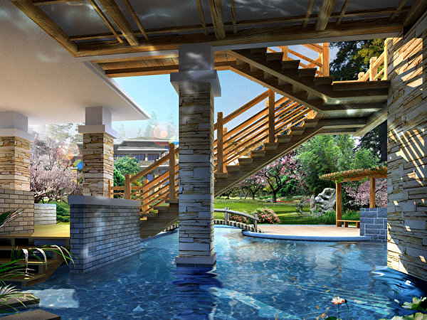 Bilder Schwimmbecken Stiege 3D-Grafik Haus Städte 600x450 Treppe Treppen Gebäude