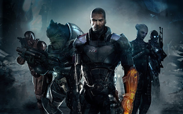 Картинки Mass Effect Mass Effect 3 Коммандер Шепард, Грант, кроган, Лиара Т’Сони, азари Игры 600x375 компьютерная игра