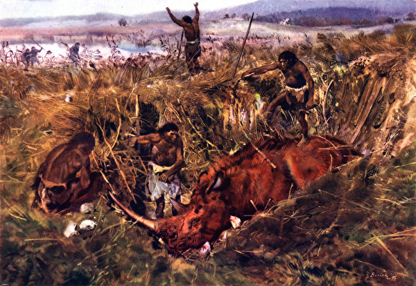 Desktop Hintergrundbilder Zdenek Burian Hunting the hairy rhinoceros Malerei 600x412 Gemälde