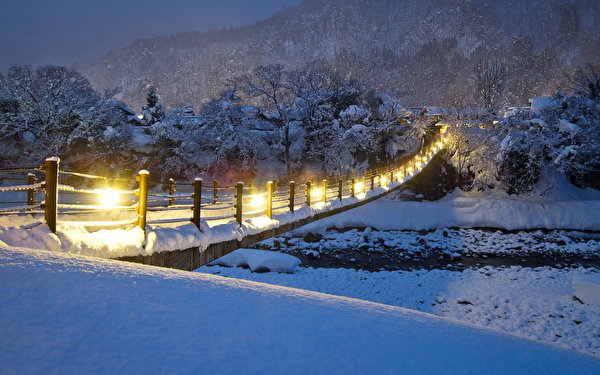 Картинки Зима мост Природа снеге Уличные фонари Времена года 600x375 Мосты зимние Снег снега снегу сезон года