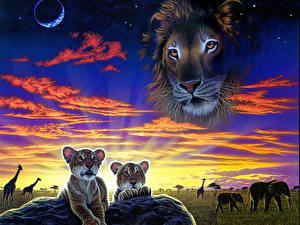 Bureaubladachtergronden Pantherinae Leeuwen Getekende Dieren