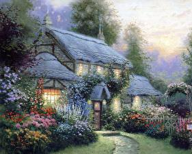 Bakgrunnsbilder Malerkunst Thomas Kinkade juliannes cottage