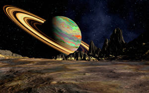 Tapety na pulpit Planeta Pierścienie planetarne Grafika 3D Przestrzeń_kosmiczna