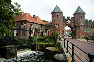 デスクトップの壁紙、、オランダ、ゲート、Koppelpoort medieval gate in the Dutch city Amersfoort、都市