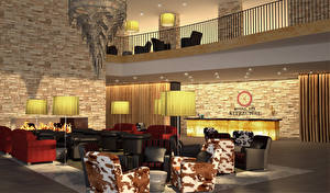 Desktop wallpapers Interior Hotel Armchair Lamp Chandelier Design 3D Graphics