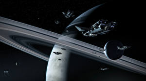 Bureaubladachtergronden Techniek Fantasy Schip Planeten Interstellair ruimteschip Planetaire ring Fantasy Ruimte