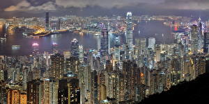 Fondos de escritorio China Hong Kong Rascacielos Casa Megalópolis Desde arriba Ciudades