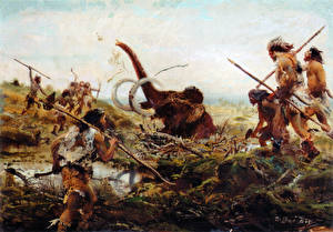 桌面壁纸，，绘画，Zdenek Burian，猛犸象，Mammoth hunt in the swamp，