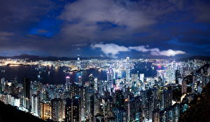 桌面壁纸，，中华人民共和国，香港，天空，從上面，大都市，晚上，