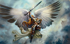 桌面壁纸，，天使，劍，裝甲，翅膀，，，女孩