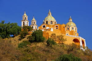 桌面壁纸，，神庙，教堂，墨西哥，Church on the hill Puebla，城市