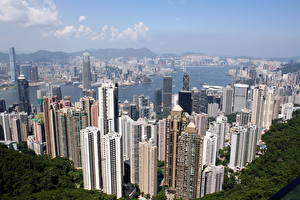 Papel de Parede Desktop China Hong Kong Arranha-céus Edifício Megalópolis De acima Cidades