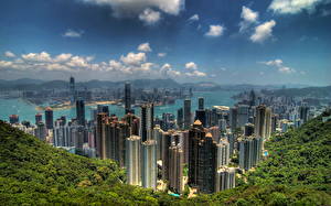 Fondos de escritorio China Hong Kong Rascacielos Casa Cielo Megalópolis Desde arriba Ciudades