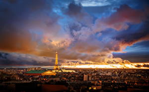 Bakgrundsbilder på skrivbordet Frankrike Himmel Molnen HDR Eiffeltornet Paris  stad