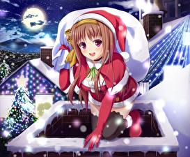Image New year Winter hat Staring Moon Night time Anime Girls