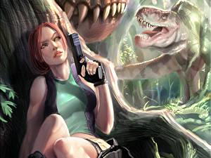 Картинки Tomb Raider Воины Пистолеты Динозавры Лара Крофт Lara Croft Девушки