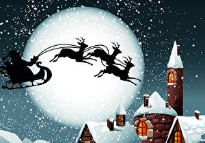 Bureaubladachtergronden Feestdagen Kerstmis Vectorafbeelding Een hert Sneeuw Nacht Kerstman Maan Sneeuwvlok Slee