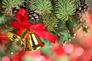 Bureaubladachtergronden Feestdagen Nieuwjaar Boomtakken Kerstboom Kegelvrucht Kleine bel Een lint