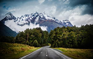 デスクトップの壁紙、、山、ニュージーランド、道、空、雪、アスファルト、自然
