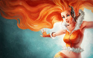 Desktop hintergrundbilder Kopfhörer Rotschopf Orange Starren Haar Fantasy Mädchens