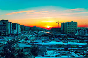Bakgrundsbilder på skrivbordet Ryssland Gryning och solnedgång Årstiderna Vinter Himmel Byggnad HDR Horisont  Städer