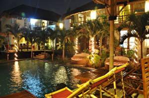 Фотографии Курорты Индонезия Бассейны Пальма Лежаки Ночные Дизайна Bali город