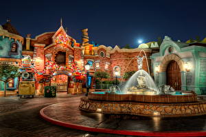 Papel de Parede Desktop EUA Parques Chafariz Disneyland Rua Revérbero Noite HDR Califórnia Cidades