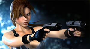 Fonds d'écran Tomb Raider Pistolet Regard fixé Cheveux Main Lara Croft Aux cheveux bruns Coiffure Jeux 3D_Graphiques Filles
