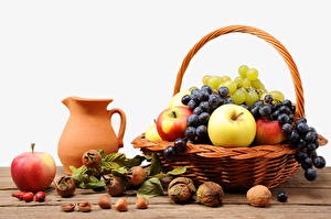 Desktop wallpapers Still-life Fruit Grapes Apples Nuts Wicker basket Food