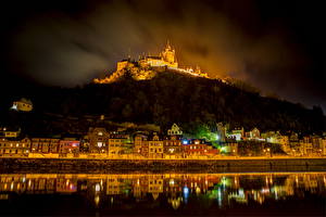 Hintergrundbilder Deutschland Burg Gebäude Flusse Cochem Nacht