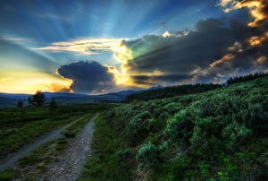 Fotos Parks USA Straße Himmel Sonnenaufgänge und Sonnenuntergänge Wolke Lichtstrahl HDRI Yellowstone Natur