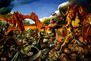 Bakgrunnsbilder Krigere Slaget Monster Rustning Fantasy